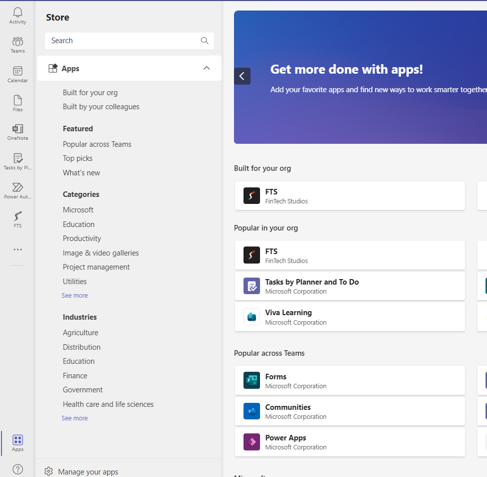 "Built for your org" section in Microsoft Teams App menu