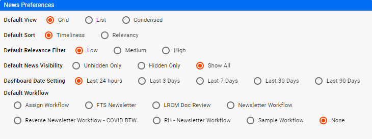 News Preferences Settings